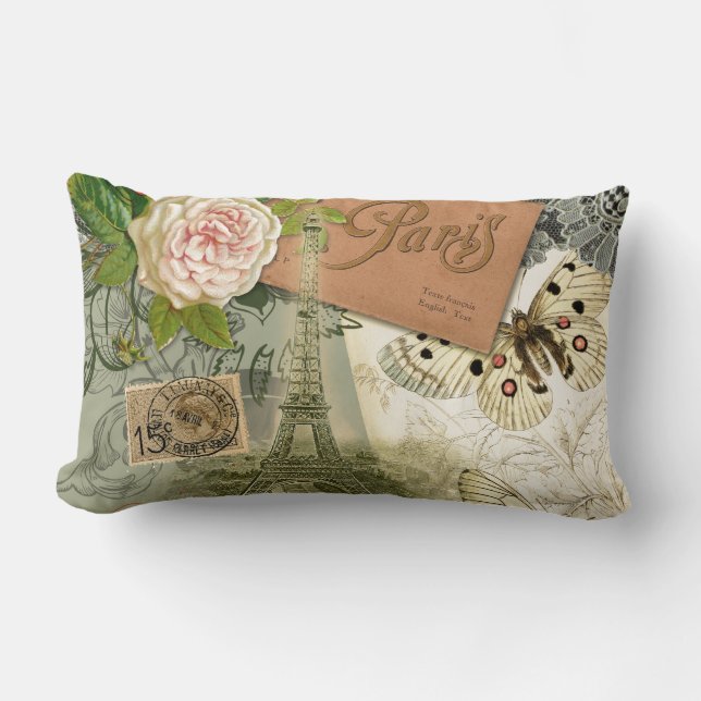 Paris France Antique Artwork Collage Eiffel Franzö Lendenkissen (Vorderseite)