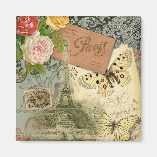 Paris France Antique Artwork Collage Eiffel Franzö Magnet (Vorne)