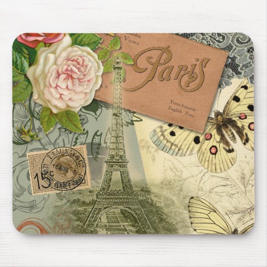 Paris France Antique Artwork Collage Eiffel Franzö Mousepad (Vorne)
