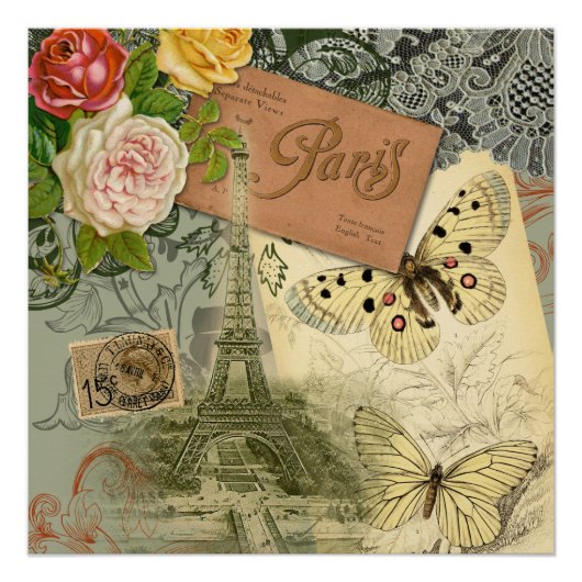 Paris France Antique Artwork Collage Eiffel Franzö Poster (Vorderseite)