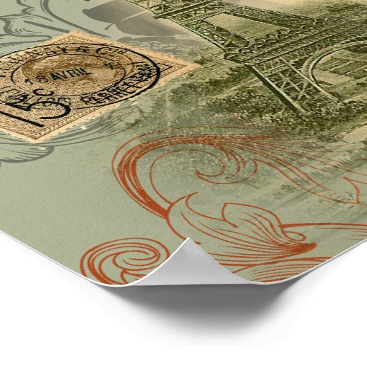 Paris France Antique Artwork Collage Eiffel Franzö Poster (Ecke)