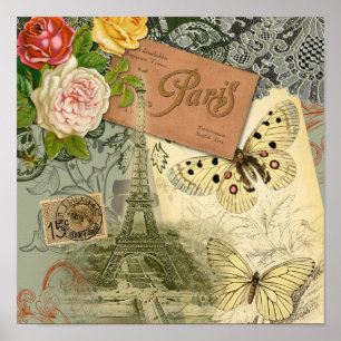 Paris France Antique Artwork Collage Eiffel Franzö Poster