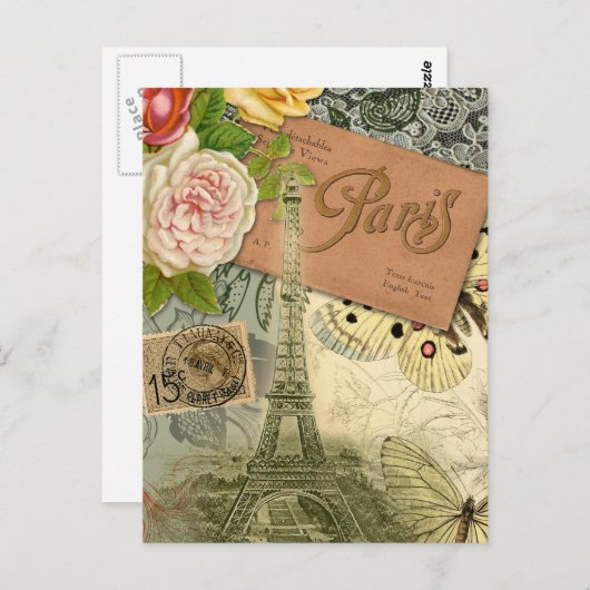 Paris France Antique Artwork Collage Eiffel Franzö Postkarte (Vorne/Hinten)