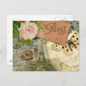 Paris France Antique Artwork Collage Eiffel Franzö Postkarte (Vorne/Hinten)