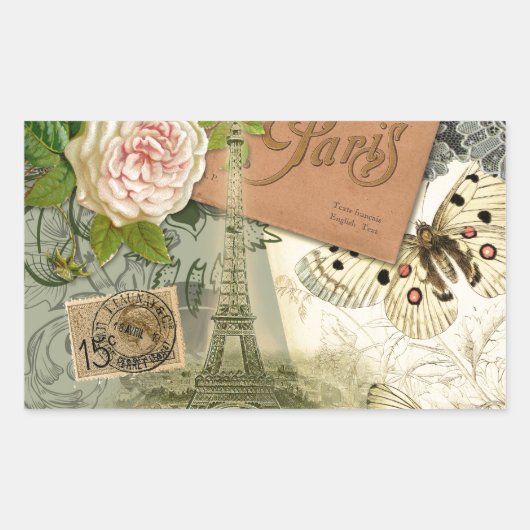 Paris France Antique Artwork Collage Eiffel Franzö Rechteckiger Aufkleber (Vorderseite)