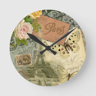 Paris France Antique Artwork Collage Eiffel Franzö Runde Wanduhr