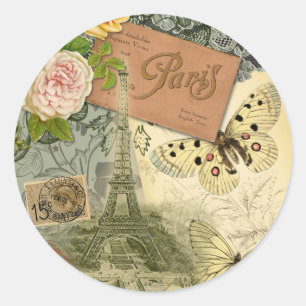 Paris France Antique Artwork Collage Eiffel Franzö Runder Aufkleber