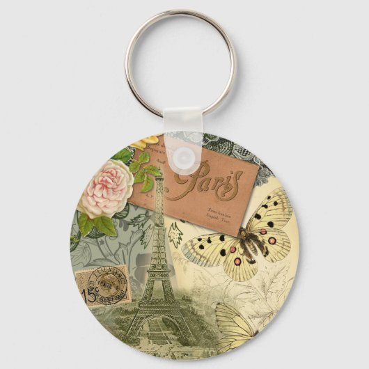 Paris France Antique Artwork Collage Eiffel Franzö Schlüsselanhänger (Vorderseite)