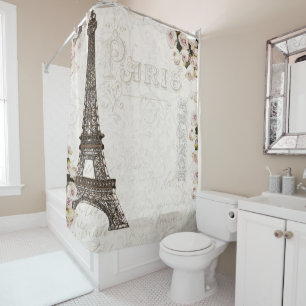 Paris France Eiffel Tower Pink Roses Glamour Duschvorhang