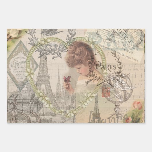 Paris France Hübsch Girl Eiffel Geschenkpapier Set (Vorderseite)