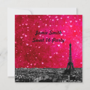 Paris France Skyline #1 Hot Pink Red Sweet 16 SQ Einladung