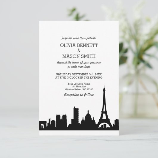 Paris France Skyline Cityscape Wedding Einladung (Stehend Vorderseite)