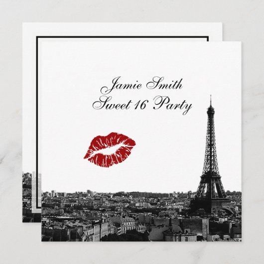 Paris France Skyline Kiss #1 BW Sweet 16 Einladung (Vorne/Hinten)