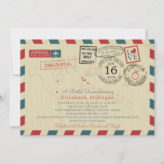 Paris France World Traveller Airmail Brautparty Einladung (Vorderseite)