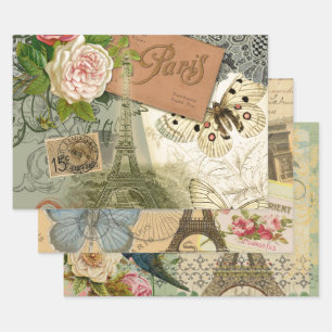 Paris Frankreich Antike Kunst Collage Eiffel Franz Geschenkpapier Set