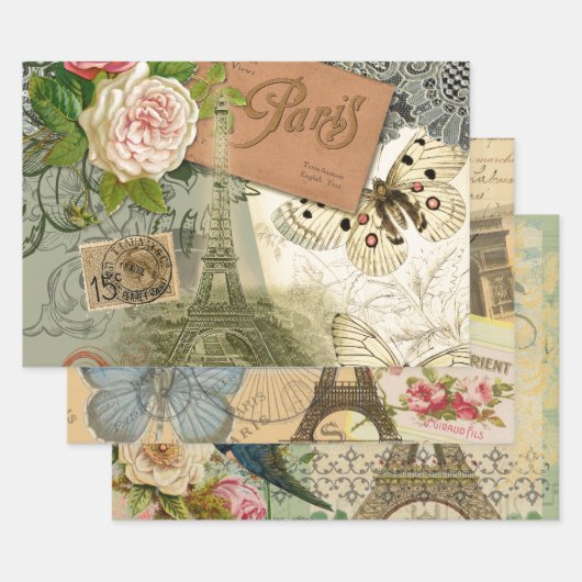 Paris Frankreich Antike Kunst Collage Eiffel Franz Geschenkpapier Set (Set)