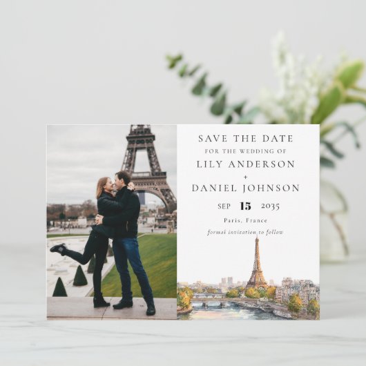 Paris Frankreich Foto Hochzeit in Urlaubsort Save The Date (Stehend Vorderseite)