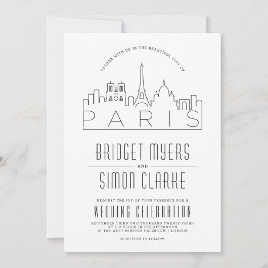 Paris, Frankreich Hochzeit | Stilisierte Skyline-E Einladung (Vorderseite)
