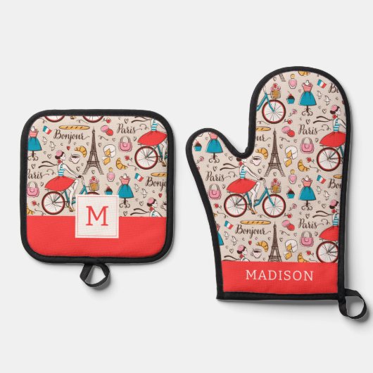 Paris-Frankreich-Muster Ofenhandschuh & Topflappen-Set (Vorderseite)