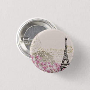 Paris Frankreich Reisedesign mit Eiffel Pink Roses Button