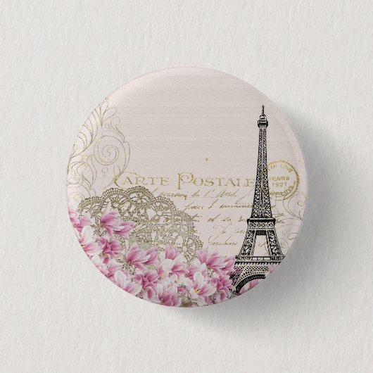 Paris Frankreich Reisedesign mit Eiffel Pink Roses Button (Vorderseite)