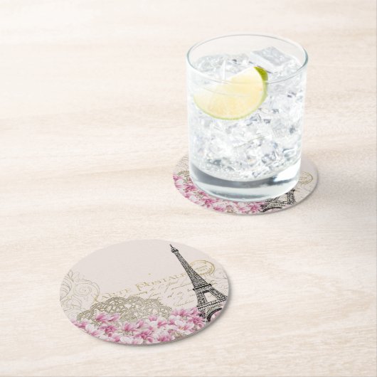 Paris Frankreich Reisedesign mit Eiffel Pink Roses Runder Pappuntersetzer (Vor Ort)
