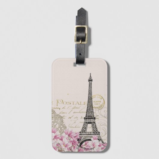 Paris Frankreich Reisen Eiffelturm mit Rose Blume Gepäckanhänger (Vorderseite Vertikal)