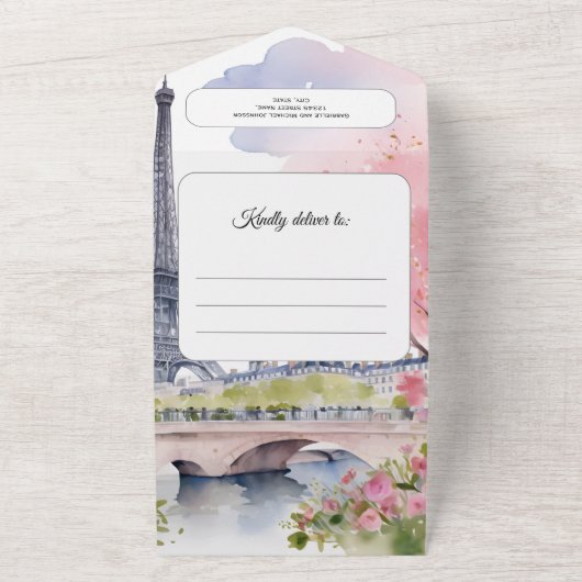 Paris Frankreich Romantischer Aquarellturm Rosa Ei All In One Einladung (Außenbereich)