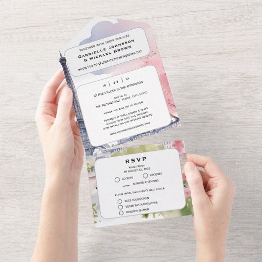 Paris Frankreich Romantischer Aquarellturm Rosa Ei All In One Einladung (Abreißen)