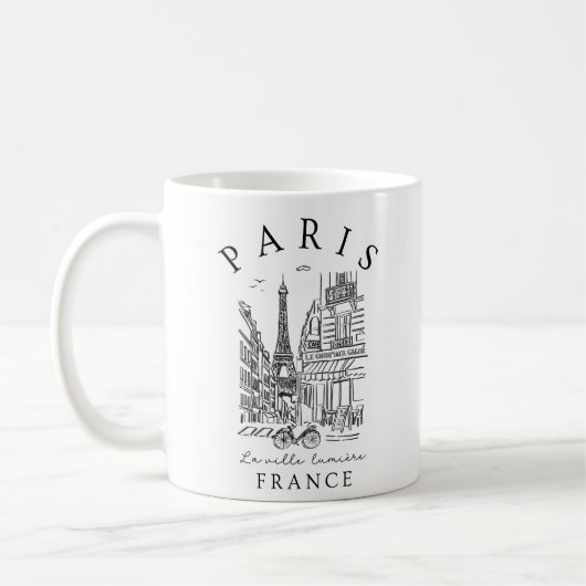 Paris Frankreich – Skizze mit Eiffelturm & Café Kaffeetasse (Links)