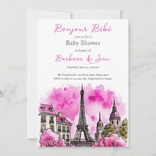 Paris Französisch Bonjour Bebe Pink Black Baby Dus Einladung (Vorderseite)