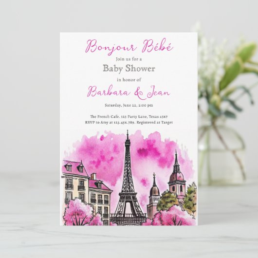 Paris Französisch Bonjour Bebe Pink Black Baby Dus Einladung (Stehend Vorderseite)
