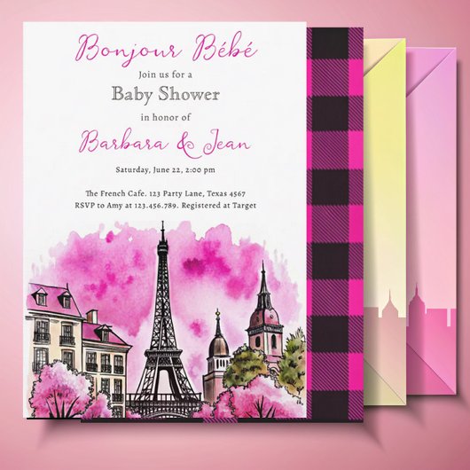 Paris Französisch Bonjour Bebe Pink Black Baby Dus Einladung