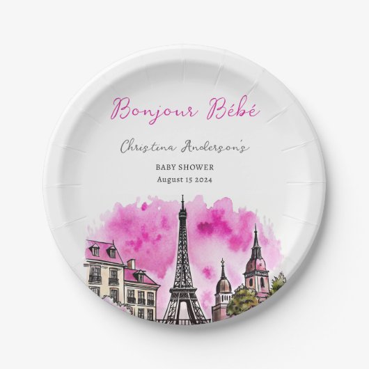 Paris Französisch Bonjour Bebe Pink Black Baby Dus Pappteller (Vorderseite)