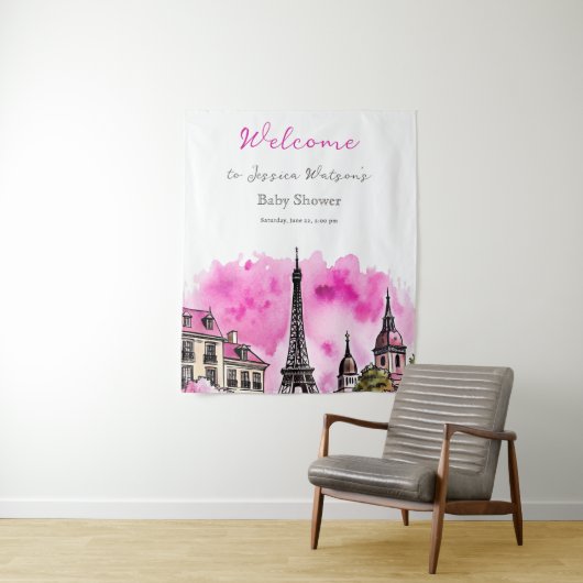 Paris Französisch Bonjour Bebe Pink Black Baby Dus Wandteppich (Beispiel)