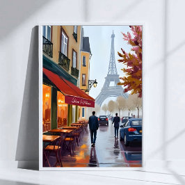 Paris French Café Eiffel Tower Watercolor Poster
