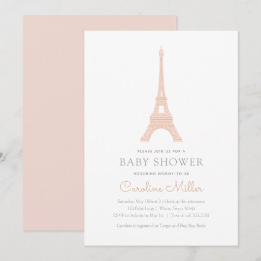 Paris French Eiffel Tower Pink Girl Baby Dusche Einladung (Vorne/Hinten)