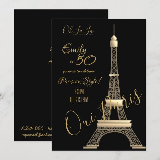 Paris Geburtstag Einladung Black GOLD Chic (Vorne/Hinten)