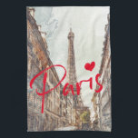Paris Geschirrtuch<br><div class="desc">Dieses Küchentuch verwendet eine Aquarellmalerei auf dem ikonischen Eiffelturm, die durch eine Seitenstraße zu sehen ist und Erinnerungen von Reisen in Paris und das französische Straßenniveau erinnert! Das Wort "Paris" in leuchtend rot mit einem Herz fügt eine stilvolle und moderne Touch hinzu - Sie können diesen Text einfach neu formatieren,...</div>