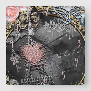 Paris Glamour Funkeln Frankreich Mädchenhaft Trend Quadratische Wanduhr