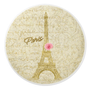 Paris goldener Eiffelturm & rosa elegante Rose Keramikknauf