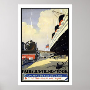 Paris Havre New York durch Zug-Schiffs-Vintage Poster