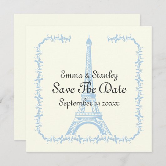 Paris Hochzeit-Blauer Eiffelturm Save the Date Kar (Vorne/Hinten)
