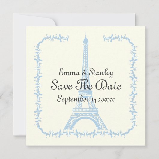 Paris Hochzeit-Blauer Eiffelturm Save the Date Kar (Vorderseite)