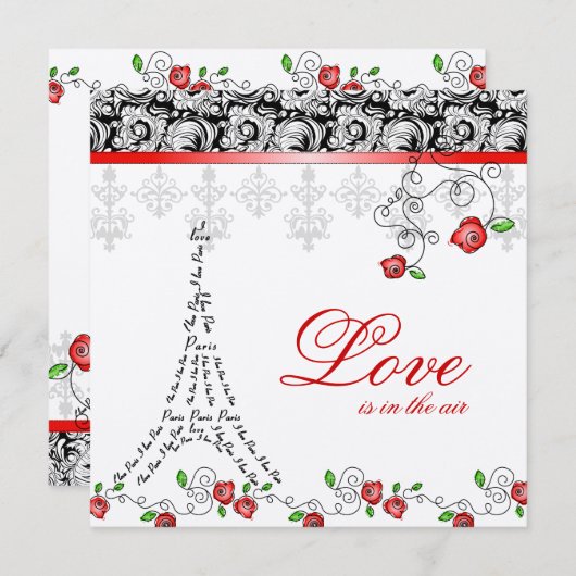 Paris Hochzeit Einladung Rote Rosen Silver Schwarz (Vorne/Hinten)