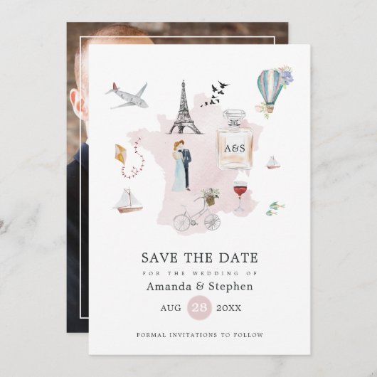 Paris Hochzeit in Urlaubsort Mit Monogramm Foto Save The Date (Vorne/Hinten)
