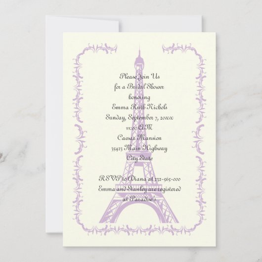 Paris Hochzeit lila Eiffelturm Brautparty Einladung (Vorderseite)