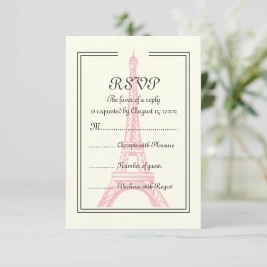 Paris Hochzeit rosa Eiffelturm auf Elfenbein RSVP- RSVP Karte (Stehend Vorderseite)