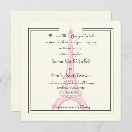 Paris Hochzeit rosa Eiffelturm Klassisches Elfenbe Einladung (Vorne/Hinten)