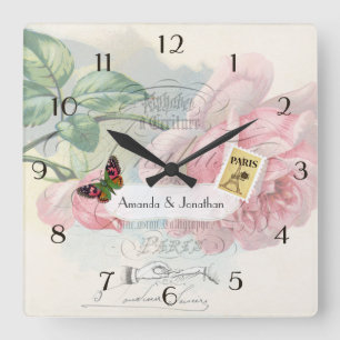 Paris Hochzeit Vintage Shabby-Chic Rosa Rose benut Quadratische Wanduhr